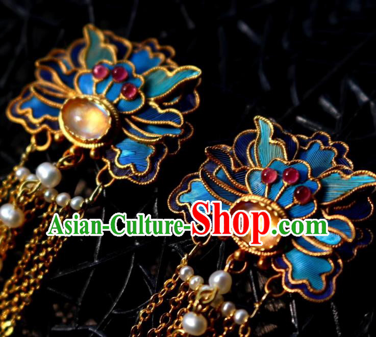 China Classical Topaz Ear Jewelry Traditional Cheongsam Blueing Pearls Tassel Earrings