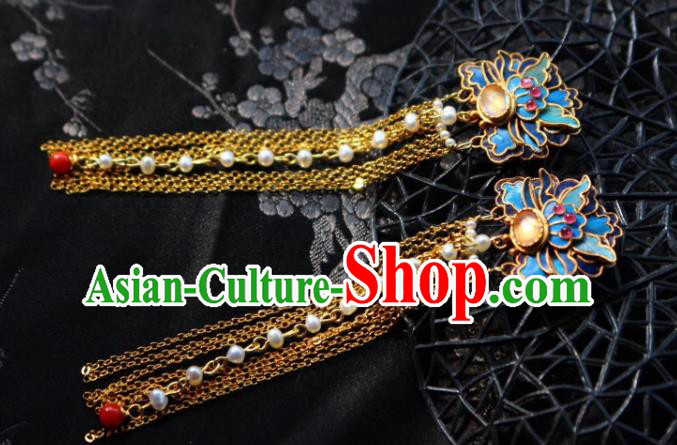 China Classical Topaz Ear Jewelry Traditional Cheongsam Blueing Pearls Tassel Earrings