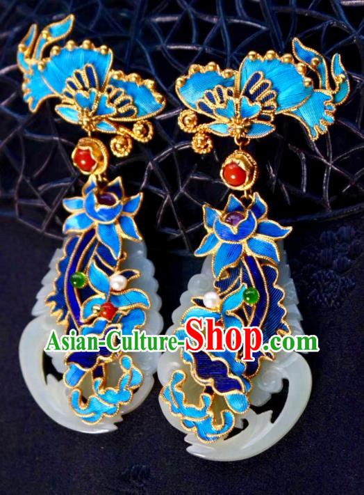 China Classical Cloisonne Ear Jewelry Traditional Cheongsam Jade Phoenix Earrings