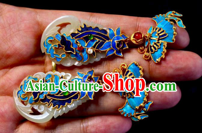 China Classical Cloisonne Ear Jewelry Traditional Cheongsam Jade Phoenix Earrings