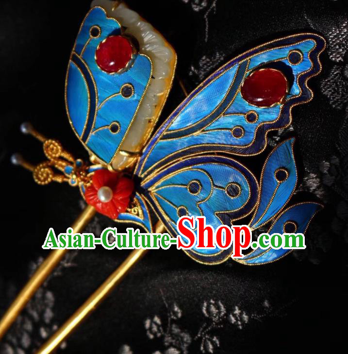 Chinese Handmade Garnet Hair Stick Traditional Ancient Qing Dynasty Cloisonne Butterfly Hairpin