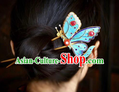 Chinese Handmade Garnet Hair Stick Traditional Ancient Qing Dynasty Cloisonne Butterfly Hairpin
