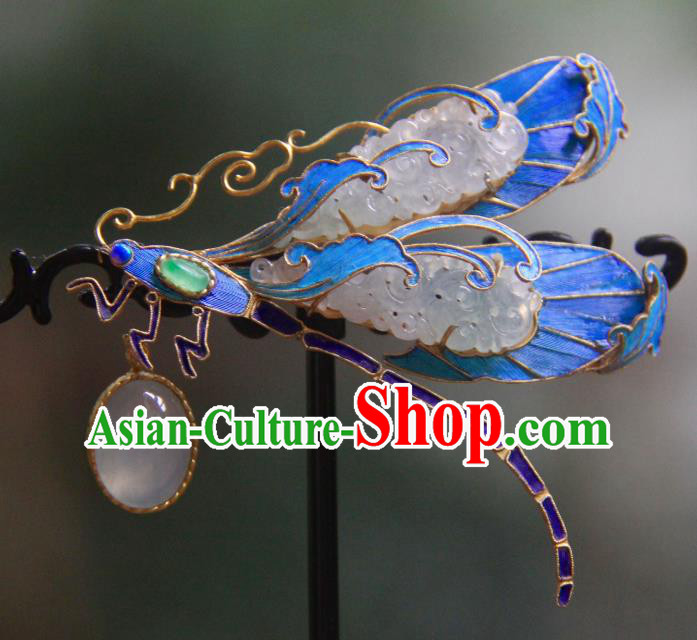 China Handmade Ancient Court Blueing Dragonfly Brooch Accessories Traditional Qing Dynasty Jade Jewelry