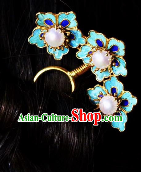 Chinese Handmade Blueing Plum Blossom Hair Stick Traditional Ancient Qing Dynasty Palace Pearls Hairpin