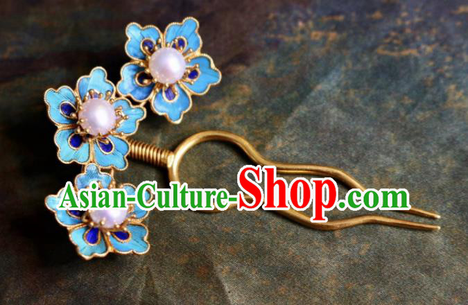 Chinese Handmade Blueing Plum Blossom Hair Stick Traditional Ancient Qing Dynasty Palace Pearls Hairpin