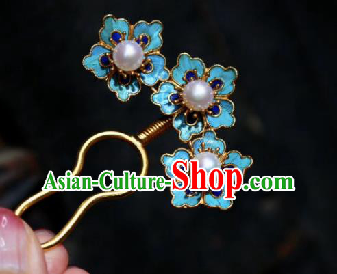 Chinese Handmade Blueing Plum Blossom Hair Stick Traditional Ancient Qing Dynasty Palace Pearls Hairpin