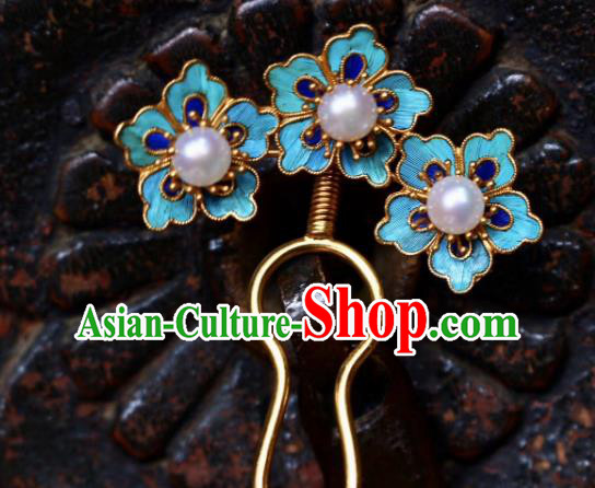 Chinese Handmade Blueing Plum Blossom Hair Stick Traditional Ancient Qing Dynasty Palace Pearls Hairpin