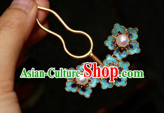 Chinese Handmade Blueing Plum Blossom Hair Stick Traditional Ancient Qing Dynasty Palace Pearls Hairpin