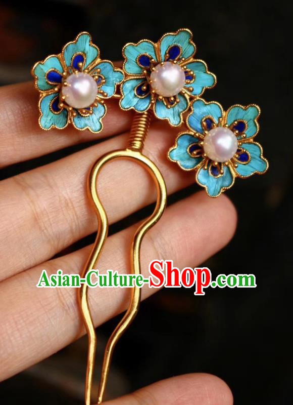 Chinese Handmade Blueing Plum Blossom Hair Stick Traditional Ancient Qing Dynasty Palace Pearls Hairpin