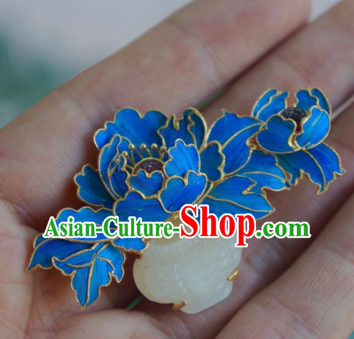 China Handmade Ancient Court Blue Peony Brooch Accessories Traditional Qing Dynasty Jade Breastpin Jewelry