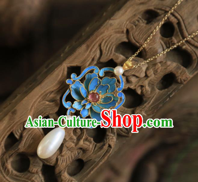 China Traditional Tourmaline Peony Necklace Jewelry Accessories Qing Dynasty Pearls Necklet Pendant