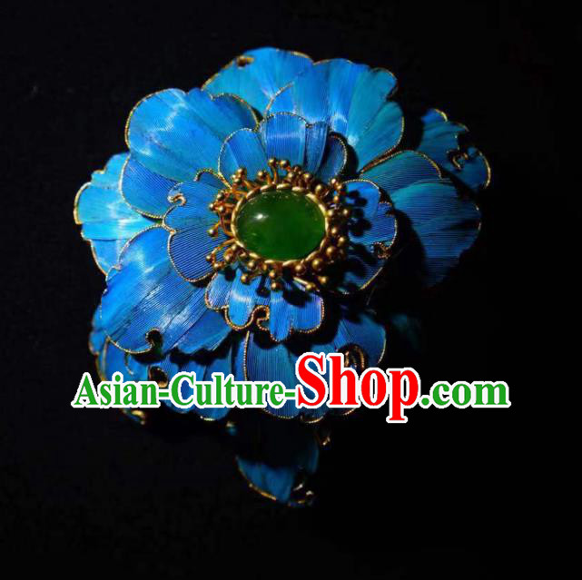 China Handmade Ancient Queen Blue Peony Brooch Accessories Traditional Qing Dynasty Chrysoprase Breastpin Jewelry