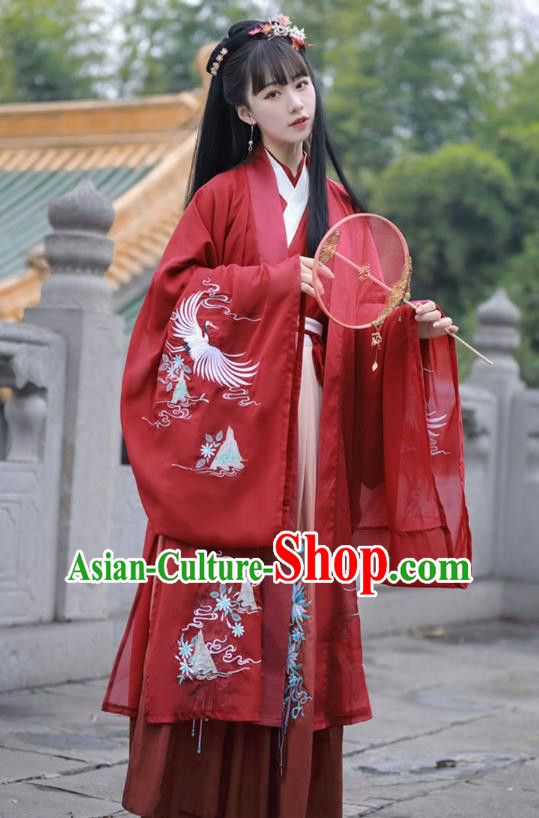 China Ancient Female Swordsman Red Hanfu Dress Clothing Traditional Jin Dynasty Young Lady Wedding Costumes Full Set
