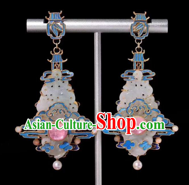 Chinese Traditional Tourmaline Jewelry Qing Dynasty Pearls Earrings Ancient Empress Jade Ear Accessories