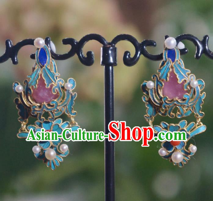 Chinese Qing Dynasty Pearls Earrings Ancient Empress Ear Accessories Traditional Tourmaline Jewelry