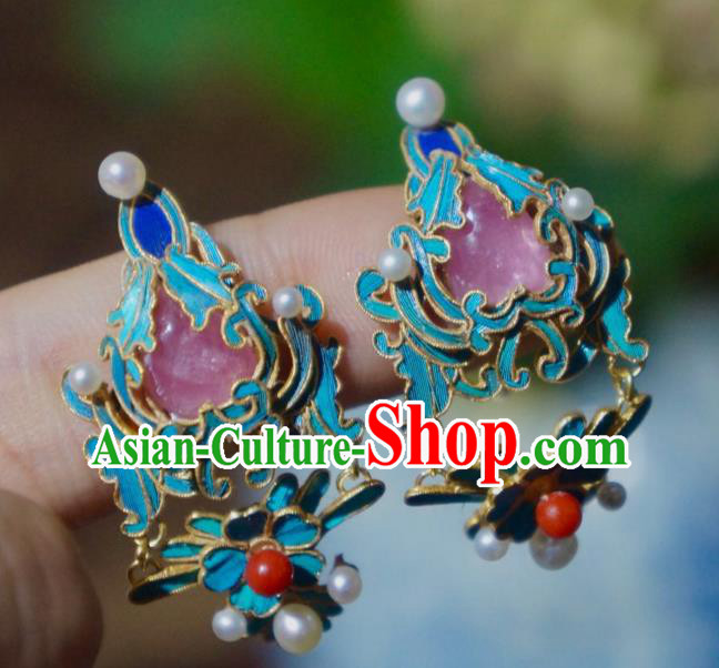 Chinese Qing Dynasty Pearls Earrings Ancient Empress Ear Accessories Traditional Tourmaline Jewelry