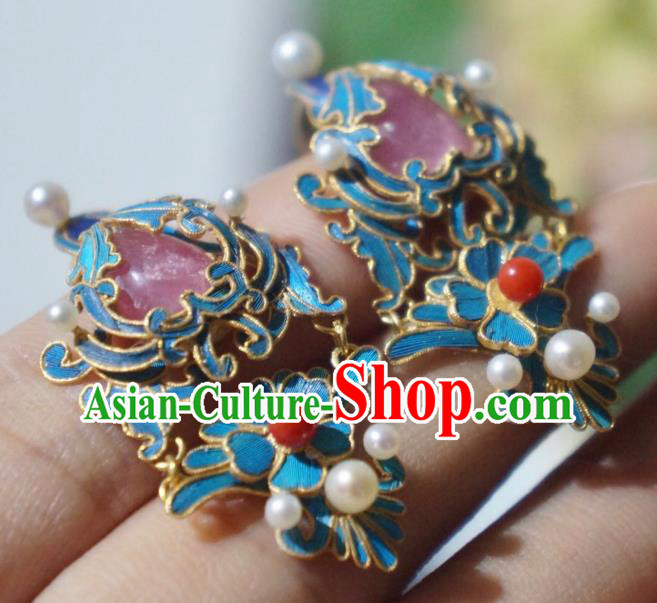 Chinese Qing Dynasty Pearls Earrings Ancient Empress Ear Accessories Traditional Tourmaline Jewelry