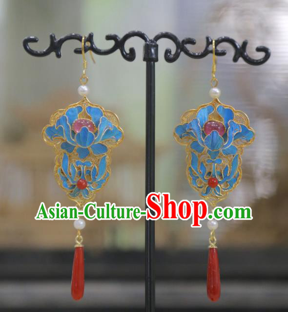 Chinese Qing Dynasty Agate Earrings Ancient Empress Tourmaline Ear Accessories Traditional Filigree Jewelry