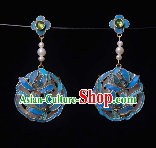 Chinese Traditional Pearls Jewelry Qing Dynasty Orchids Earrings Ancient Empress Jade Ear Accessories