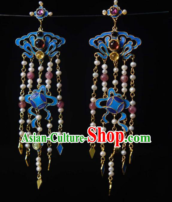 Chinese Ancient Empress Cloisonne Ear Accessories Traditional Jewelry Qing Dynasty Pearls Tassel Earrings