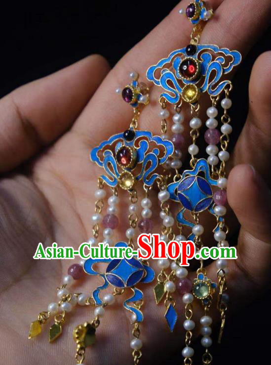Chinese Ancient Empress Cloisonne Ear Accessories Traditional Jewelry Qing Dynasty Pearls Tassel Earrings
