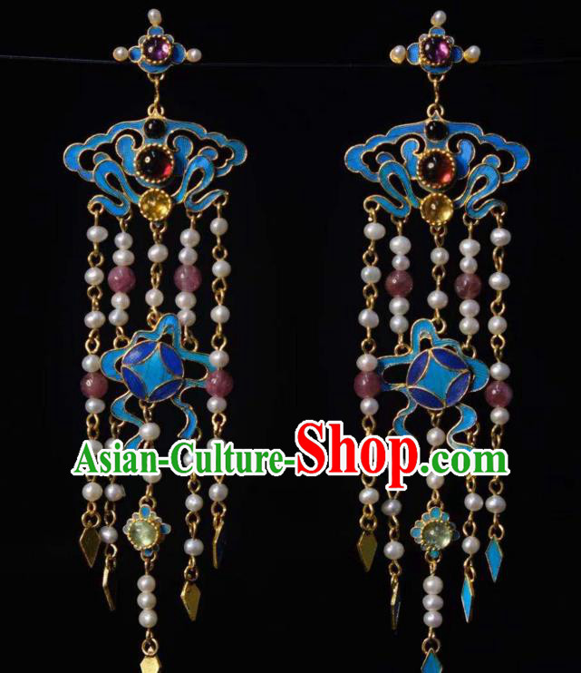 Chinese Ancient Empress Cloisonne Ear Accessories Traditional Jewelry Qing Dynasty Pearls Tassel Earrings