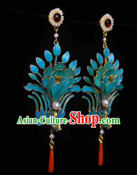 Chinese Ancient Empress Blueing Phoenix Ear Accessories Traditional Jewelry Qing Dynasty Pearls Earrings