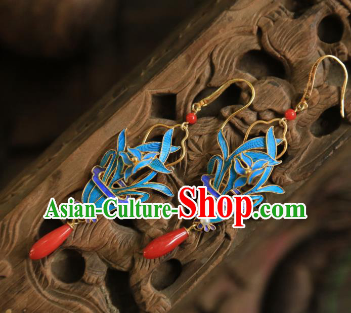 Chinese Traditional Qing Dynasty Blueing Orchids Earrings Jewelry Ancient Empress Agate Ear Accessories
