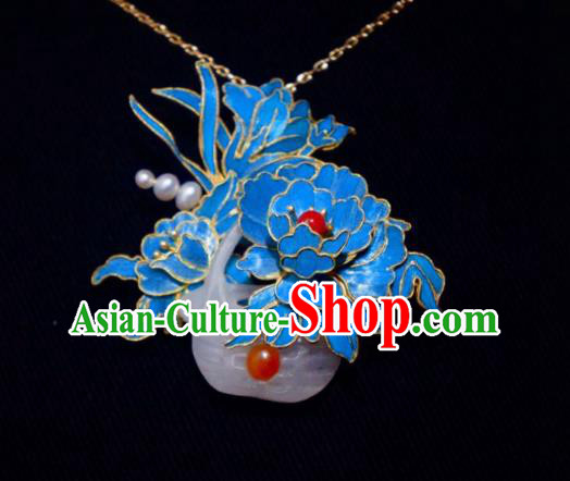 China Handmade Jade Brooch Accessories Traditional Qing Dynasty Cloisonne Peony Breastpin Jewelry
