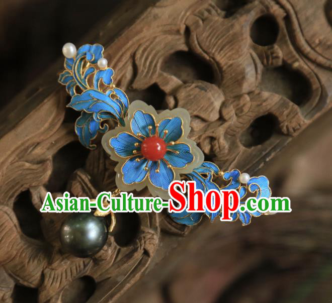 China Handmade Jade Plum Brooch Accessories Traditional Qing Dynasty Black Pearl Breastpin Jewelry