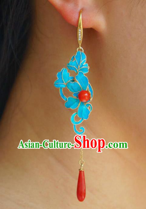 Chinese Ancient Empress Agate Ear Accessories Traditional Qing Dynasty Cloisonne Earrings Jewelry