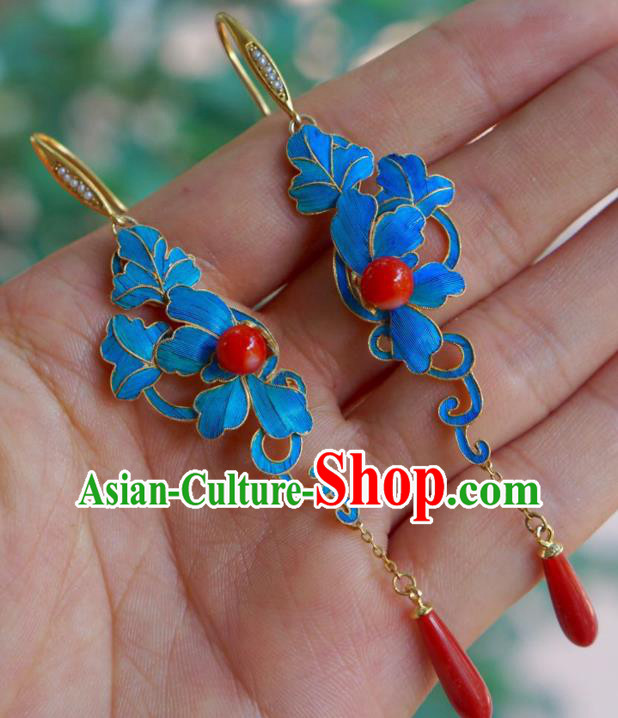 Chinese Ancient Empress Agate Ear Accessories Traditional Qing Dynasty Cloisonne Earrings Jewelry