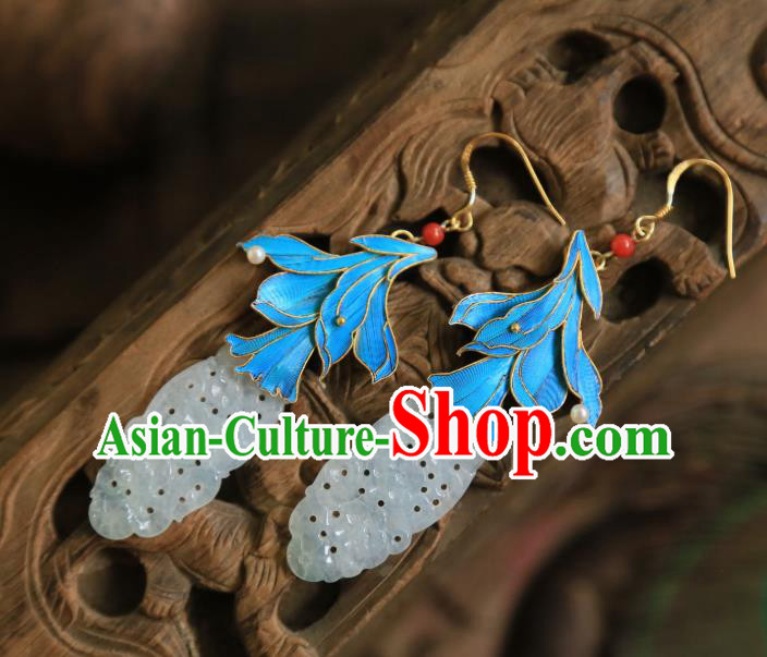 Chinese Traditional Handmade Jade Earrings Jewelry Ancient Empress Blueing Ear Accessories