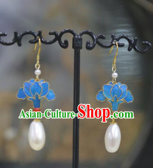 Chinese Handmade Pearls Earrings Jewelry Traditional Ancient Empress Cloisonne Peony Ear Accessories