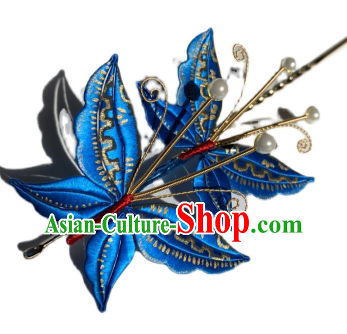 China Qing Dynasty Palace Lady Blue Butterfly Hairpin Ancient Empress Hair Stick