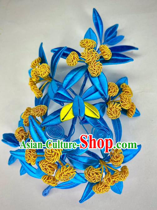 China Traditional Qing Dynasty Blue Silk Leaf Hairpin Ancient Empress Hair Comb