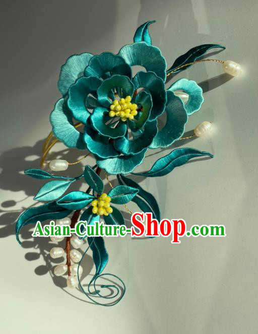 China Traditional Qing Dynasty Pearls Hairpin Ancient Empress Green Silk Rose Hair Comb