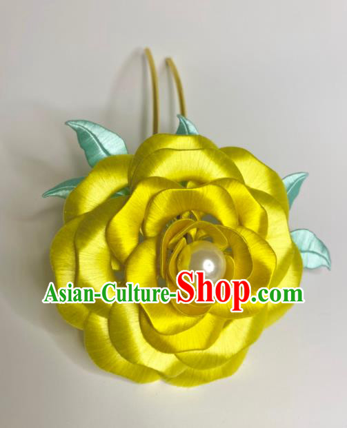 China Ancient Empress Yellow Silk Rose Hair Stick Traditional Qing Dynasty Palace Lady Hairpin