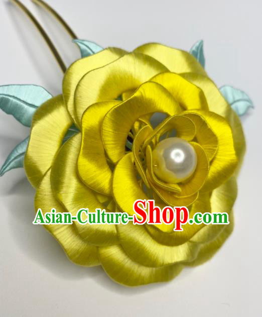 China Ancient Empress Yellow Silk Rose Hair Stick Traditional Qing Dynasty Palace Lady Hairpin