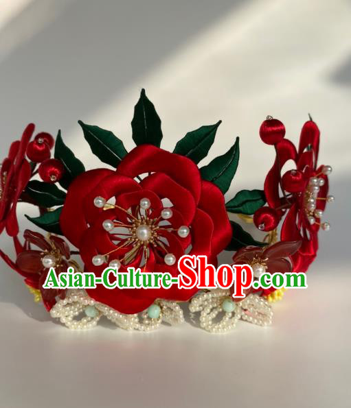 China Traditional Song Dynasty Court Pearls Hairpin Ancient Imperial Consort Red Rose Hair Crown