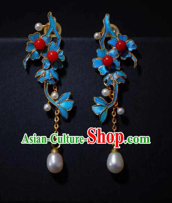 Chinese Ancient Qing Dynasty Empress Ear Accessories Handmade Traditional Pearls Earrings Jewelry