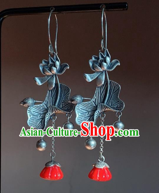 China National Silver Carving Lotus Earrings Traditional Cheongsam Tassel Ear Accessories
