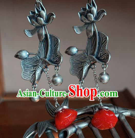 China National Silver Carving Lotus Earrings Traditional Cheongsam Tassel Ear Accessories
