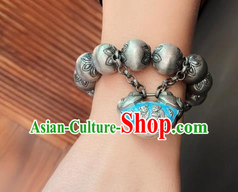Handmade Chinese Ethnic Silver Carving Bangle Wristlet Accessories National Blueing Lock Bracelet