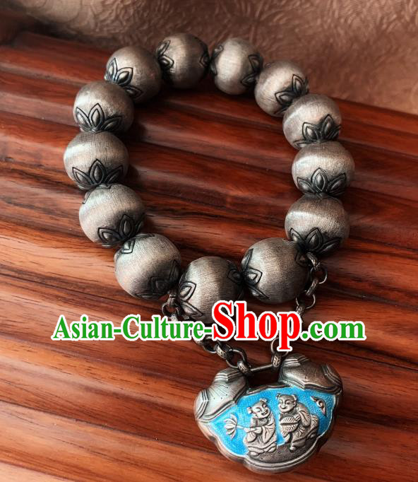 Handmade Chinese Ethnic Silver Carving Bangle Wristlet Accessories National Blueing Lock Bracelet