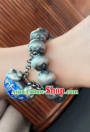 Handmade Chinese Ethnic Silver Carving Bangle Wristlet Accessories National Blueing Lock Bracelet