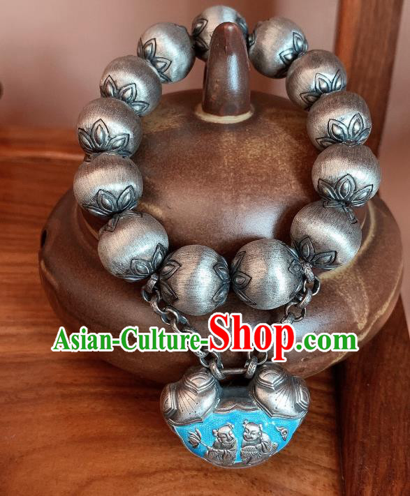 Handmade Chinese Ethnic Silver Carving Bangle Wristlet Accessories National Blueing Lock Bracelet