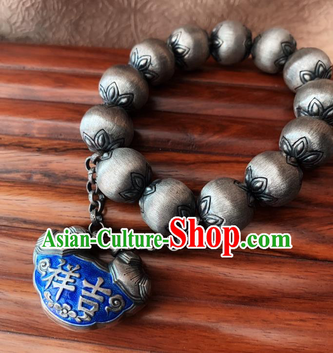 Handmade Chinese Ethnic Silver Carving Bangle Wristlet Accessories National Blueing Lock Bracelet