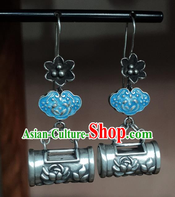China Traditional Cheongsam Blueing Ear Accessories National Silver Carving Lotus Earrings
