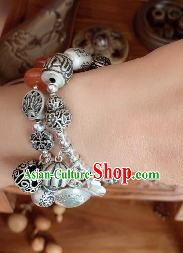 Handmade Chinese National Bracelet Ethnic Silver Carving Fish Bangle Wristlet Accessories